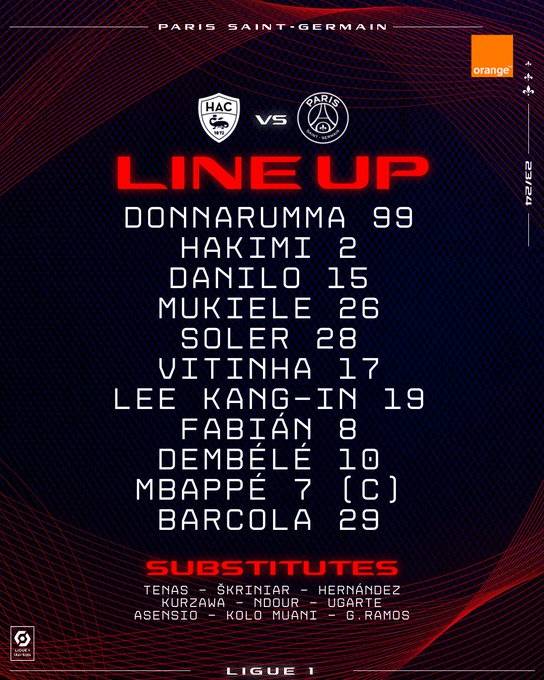 巴黎圣日耳曼公布客场对阵勒阿弗尔首发阵容：姆巴佩领衔 登贝莱、李刚仁首发