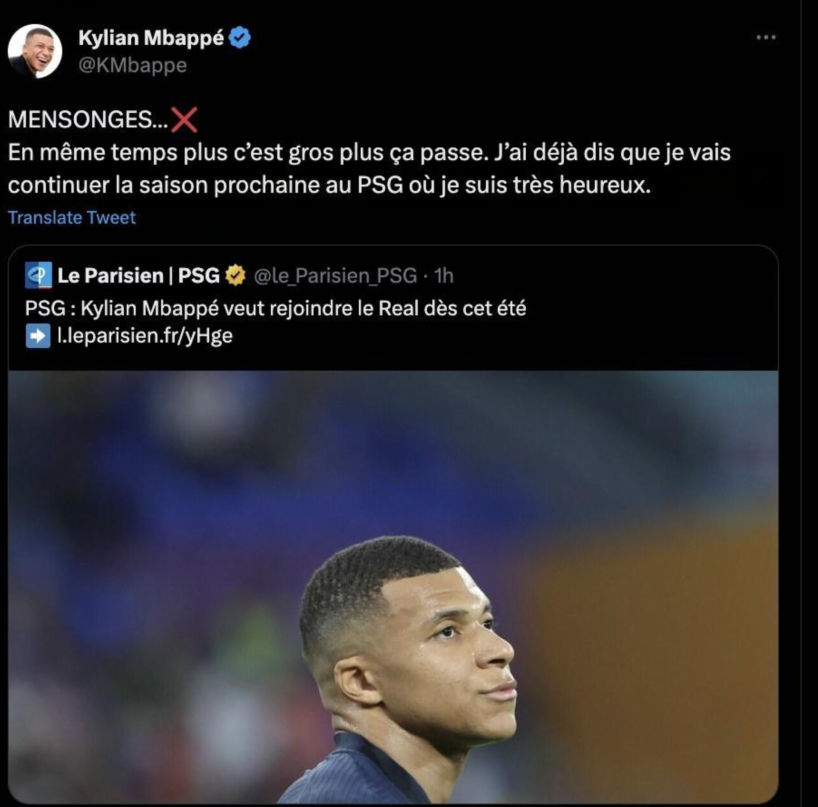 姆巴佩亲自辟谣：我说过下赛季会留在巴黎 今年夏天不会加盟皇马
